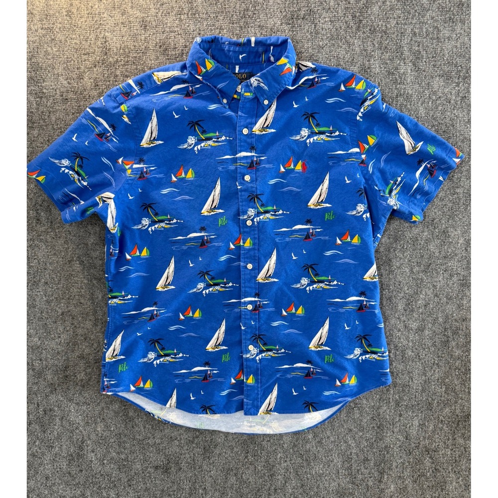 Polo Ralph Lauren Mens XL Classic Fit Blue Sailboat Linen Cotton Shirt S/S